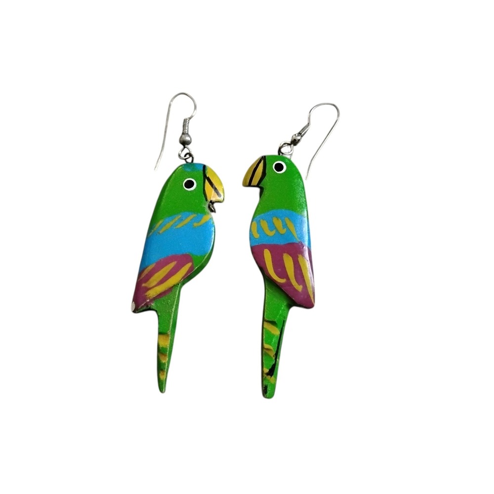 Vintage 80s Hand Painted Wooden Parrot Dangle Earrings Tropical Bird Green Blue